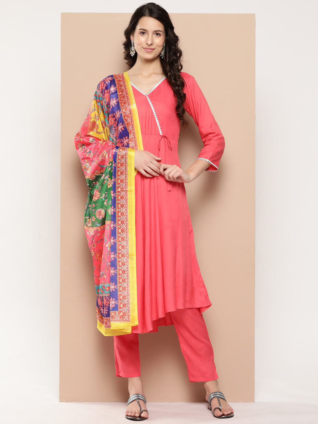 InWeave Women's Camelia Gota Angrakha Kurta Set W Yellow Orange Dupatta - Swadesiicart
