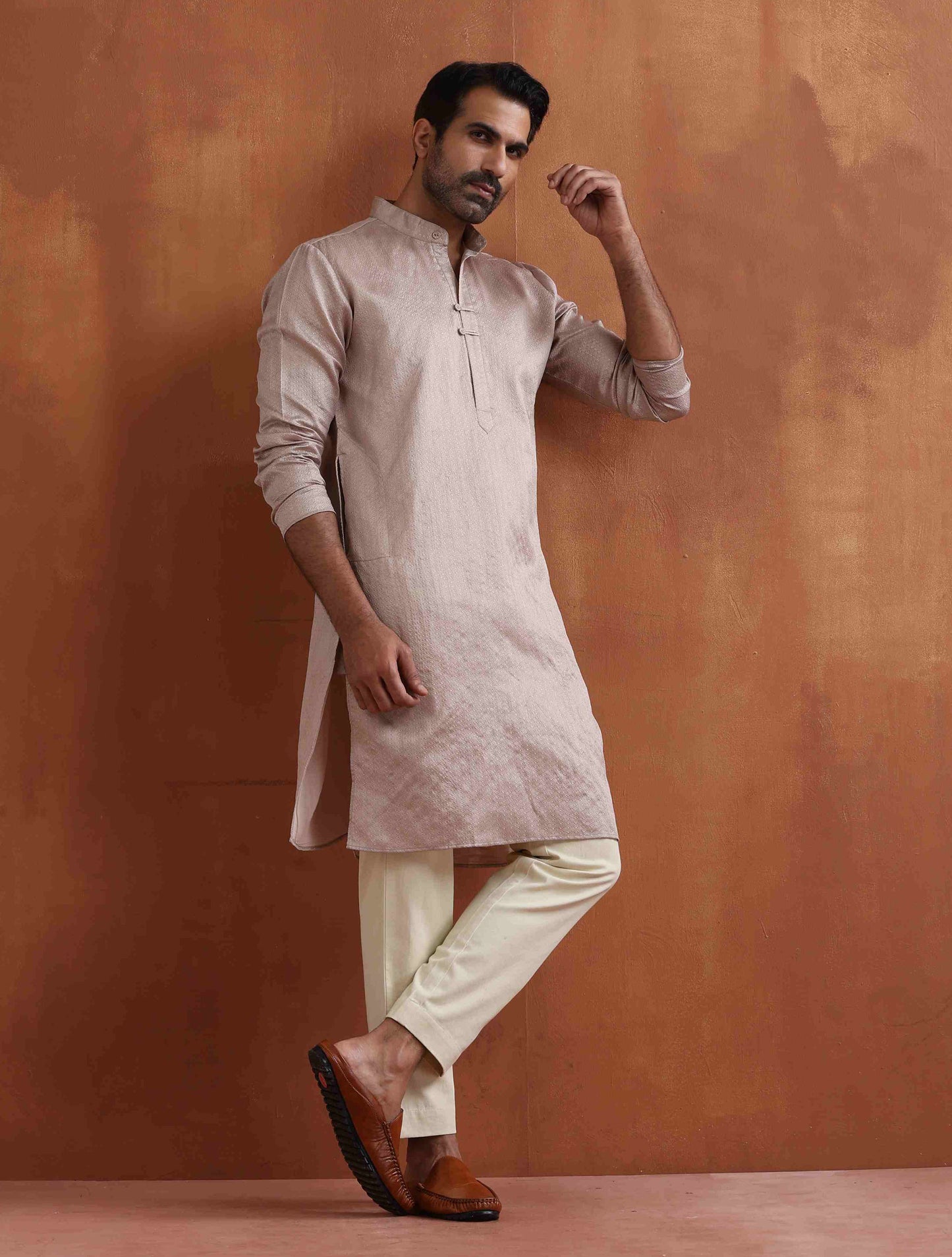 trueBrowns Men's Beige Sequin Chanderi Kurta | Swadesiicart
