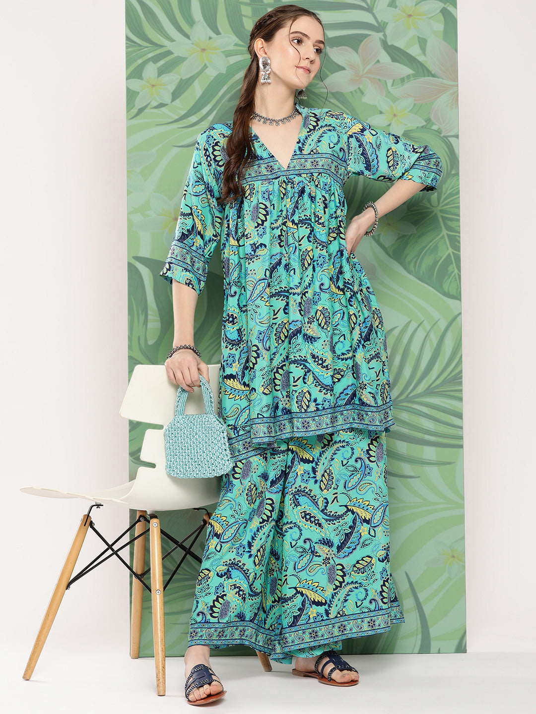 InWeave Women's Turquoise Blue Camelia Printed Ethnic Kurta Set - Swadesiicart