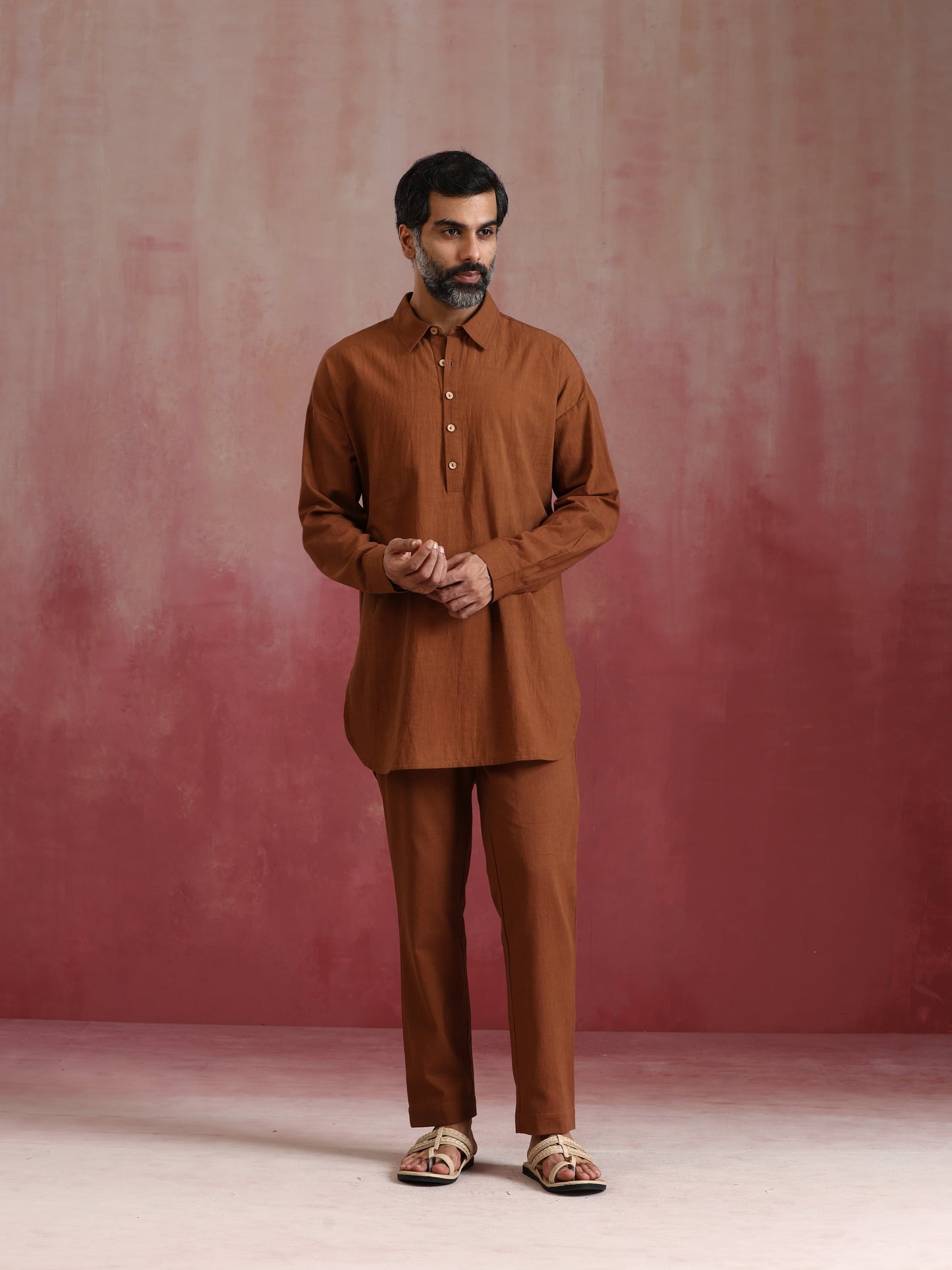 trueBrowns Men's Brown Cotton Shirt Collar Stylized Kurta Co-ord set - Swadesiicart