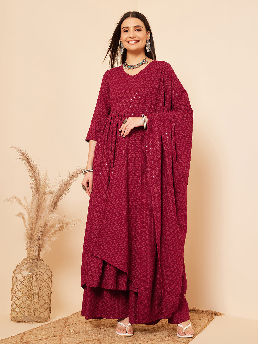 InWeave Women's Maroon Chikankari Long Anarkali Kurta Palazzo Set W Dupatta - Swadesiicart