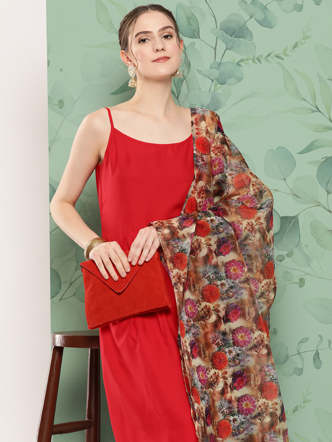 InWeave Women's Red Strappy Set W Camel Brown Or Duptta - Swadesiicart