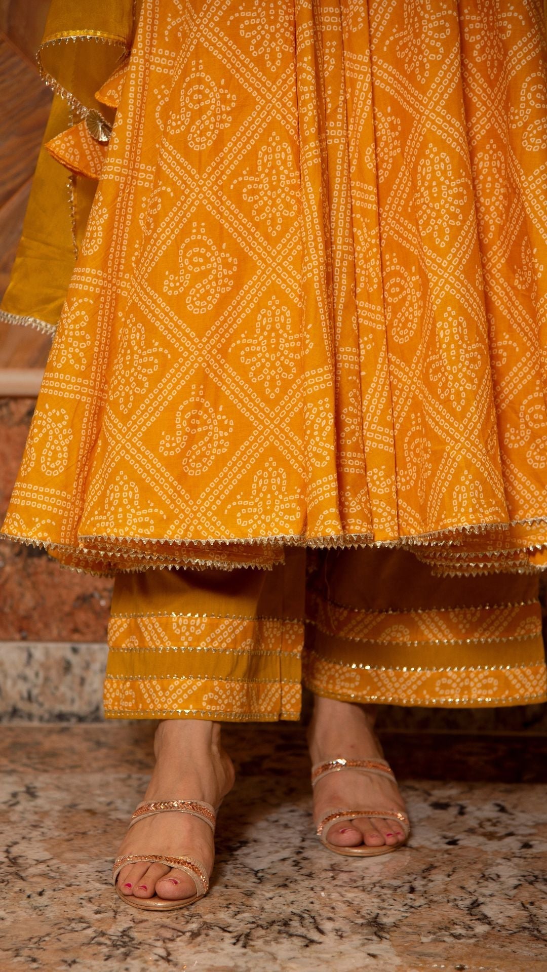 Pomcha Jaipur Bandhej Yellow Cotton Anarkali Set | Swadesiicart
