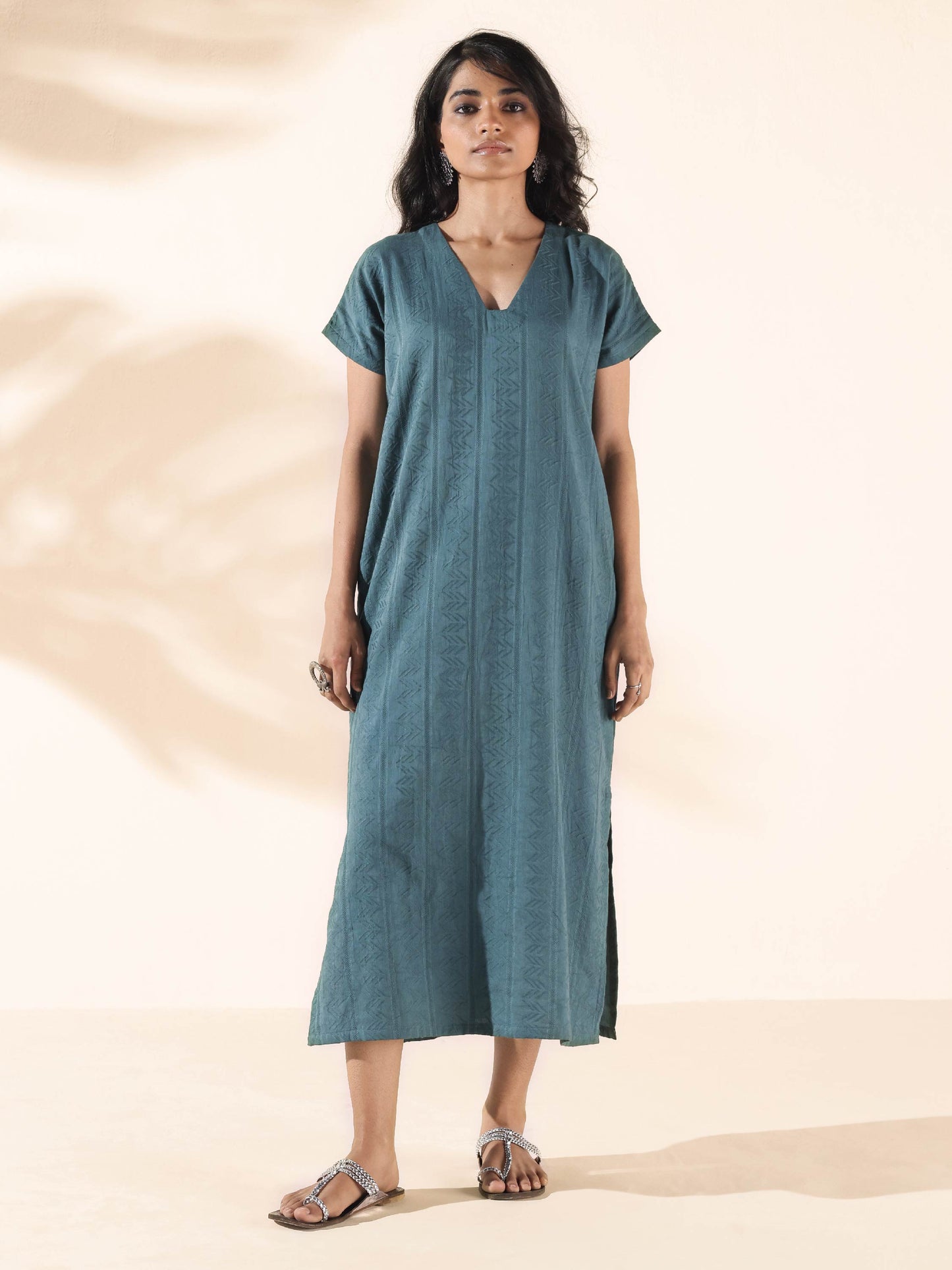 trueBrowns Turquoise Cotton Dobby Dress | Swadesiicart