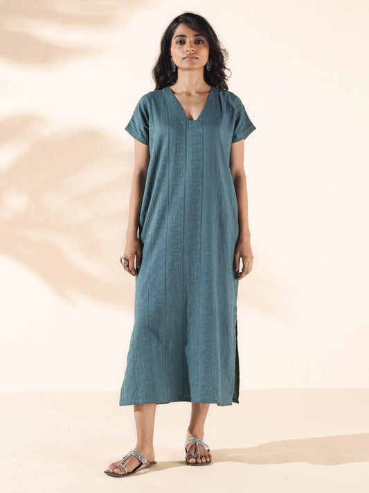 trueBrowns Turquoise Cotton Dobby Dress | Swadesiicart
