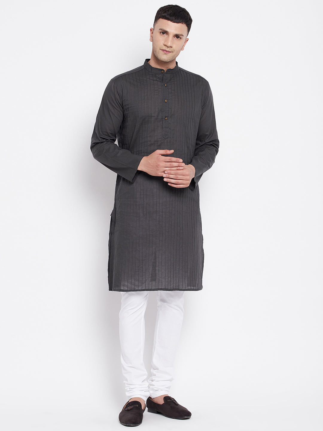 Even Apparels Grey Pure Cotton Kurta With Band Collar | Swadesiicart