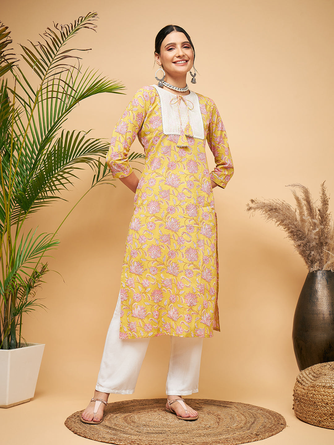 InWeave Women's Lime Pink Print Patch Cotton Straight Kurta Pant Set - Swadesiicart