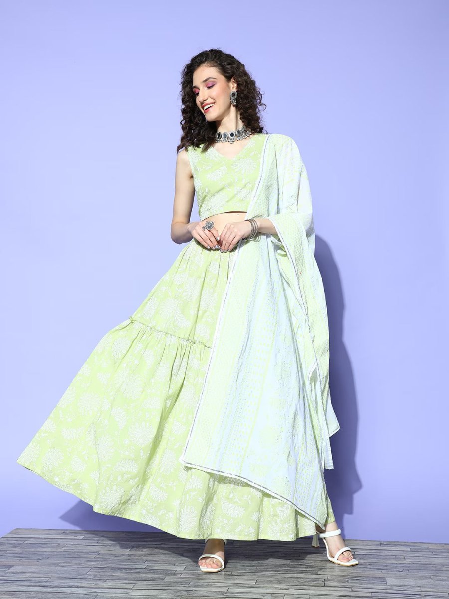 Ahalyaa Pure Cotton Green & White Printed Khari Print Ready to Wear Lehenga & Blouse With Dupatta | Swadesiicart