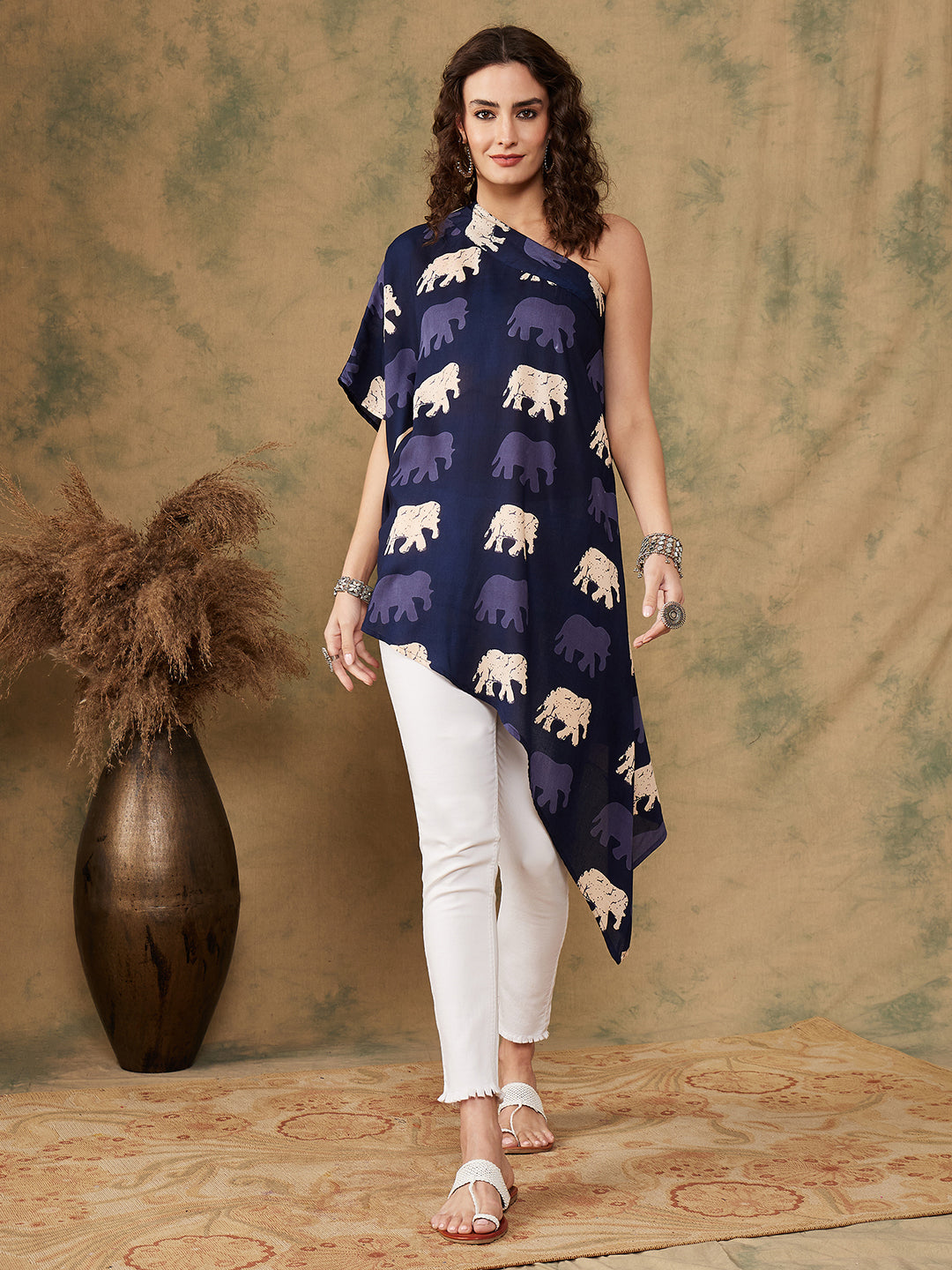 InWeave Women's Blue Elephant Print Oneshoulder Top - Swadesiicart