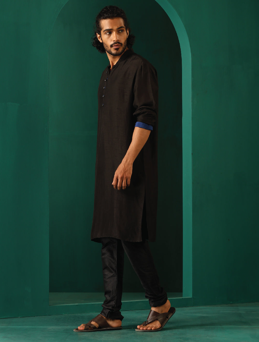 trueBrowns Men's Black Silk Long Kurta | Swadesiicart