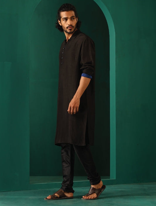 trueBrowns Men's Black Silk Long Kurta | Swadesiicart