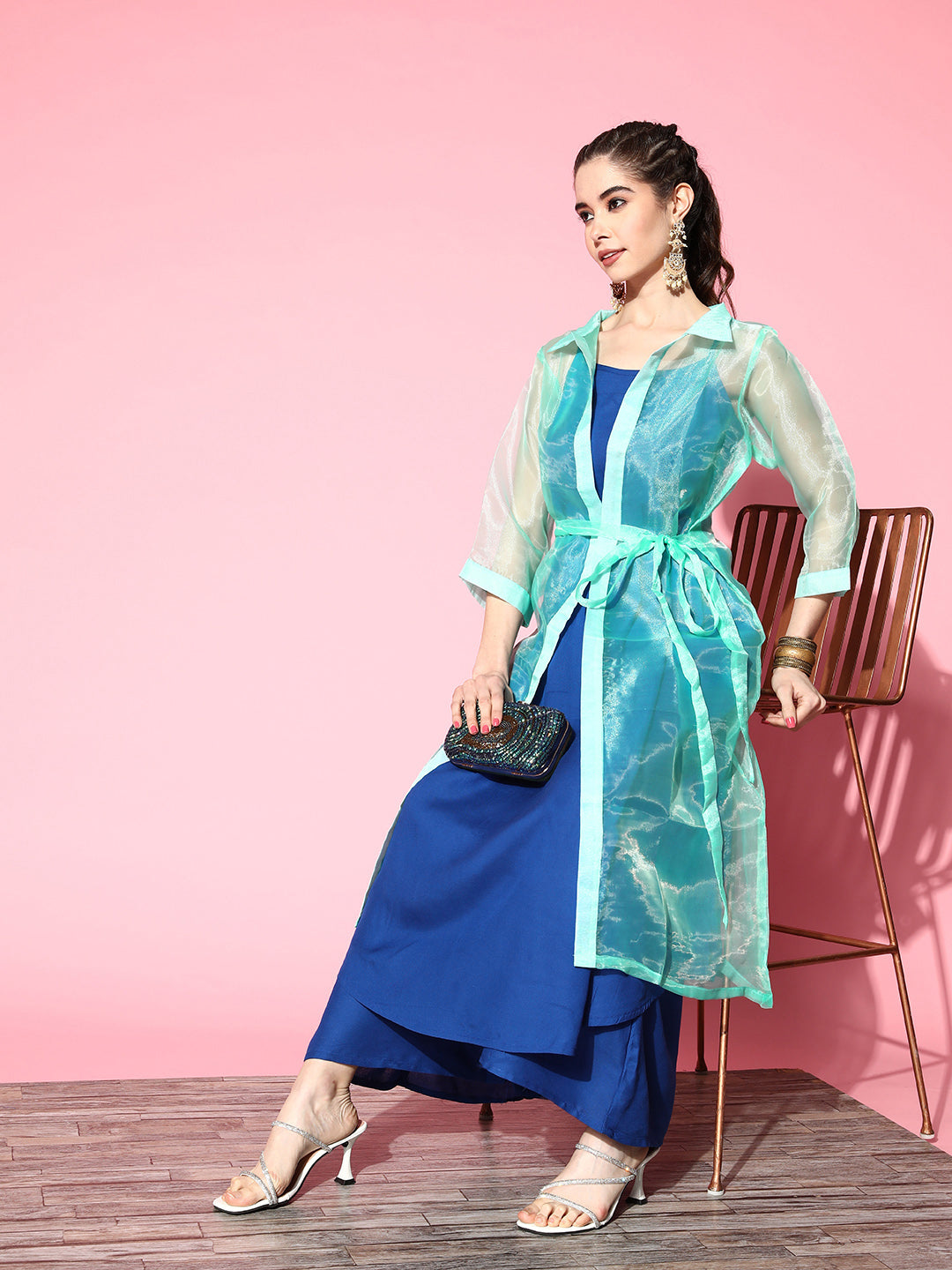 InWeave Women's Ink Blue Strappy Kurta Set With Teal Organza Cape - Swadesiicart