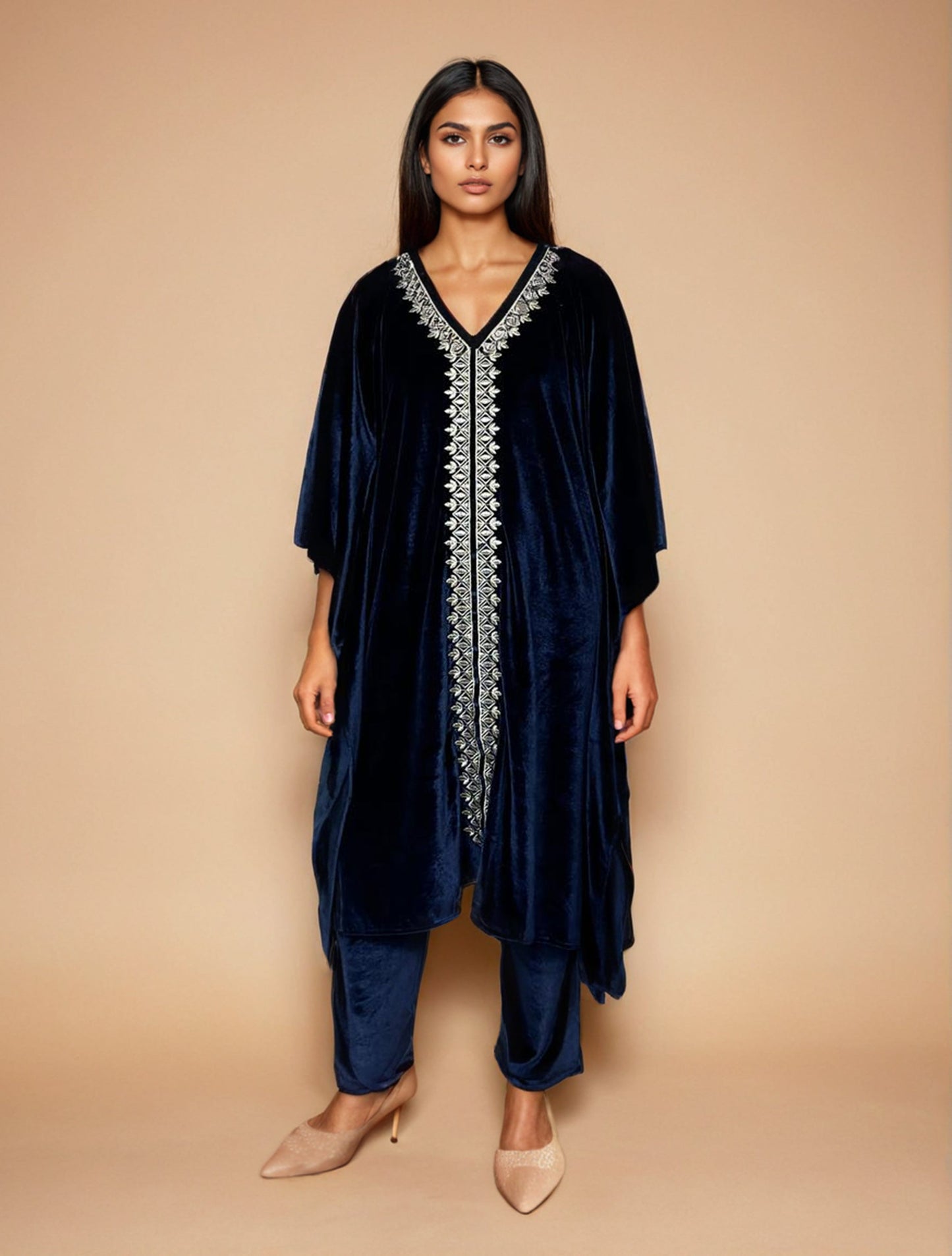 trueBrowns Navy Blue Velvet Embroidered Kaftan Kurta Set | Swadesiicart