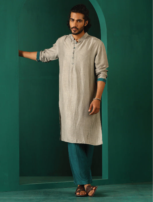 trueBrowns Men's Grey Silk Long Kurta | Swadesiicart