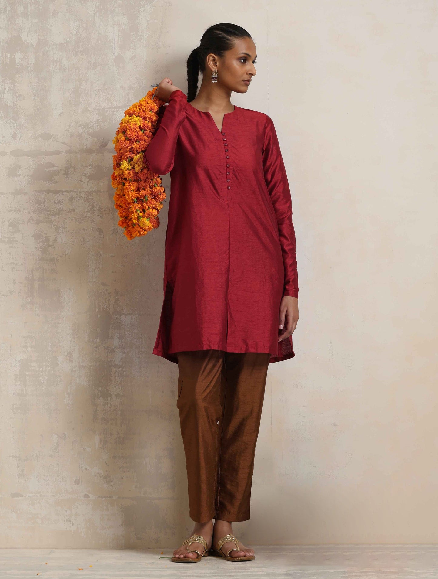 trueBrowns Red Silk Kurta Co-ord Set - Swadesiicart