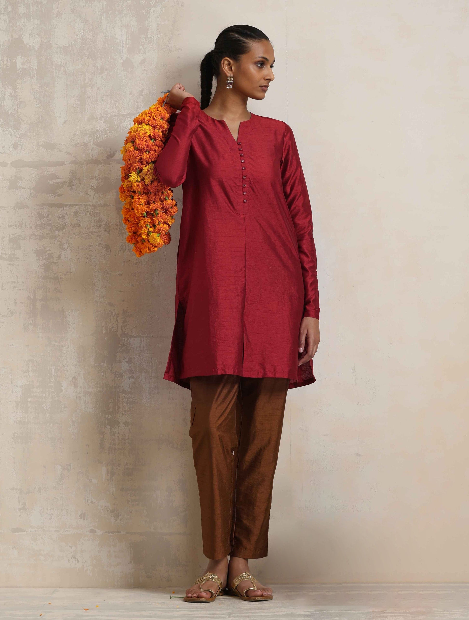 trueBrowns Red Silk Kurta Co-ord Set - Swadesiicart