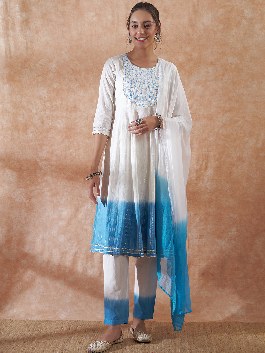 InWeave Women's White Lurex Blue Dye Patch Gota Anarkali Kurta Set W Dupatta - Swadesiicart