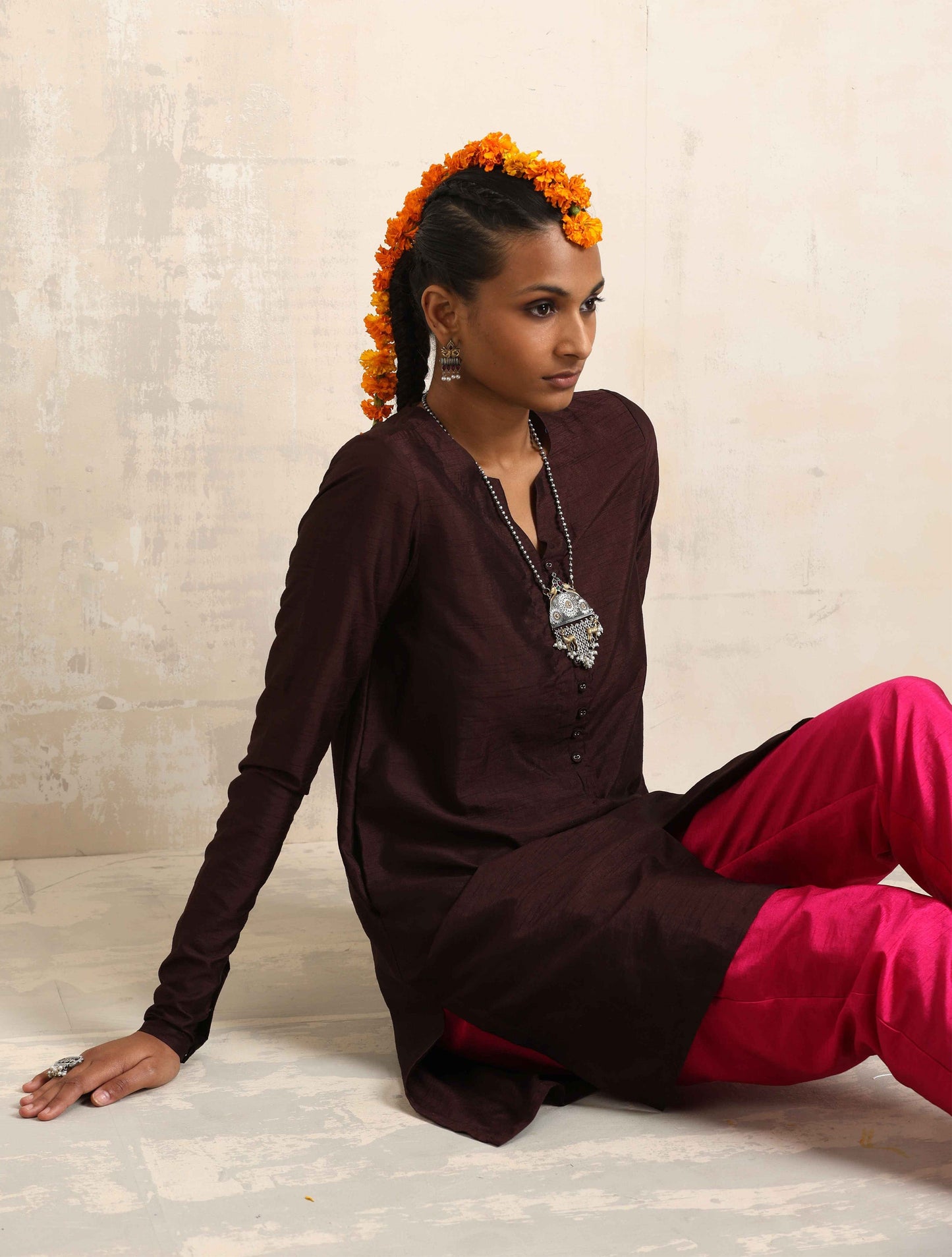 trueBrowns Cola Silk Kurta Co-ord Set - Swadesiicart