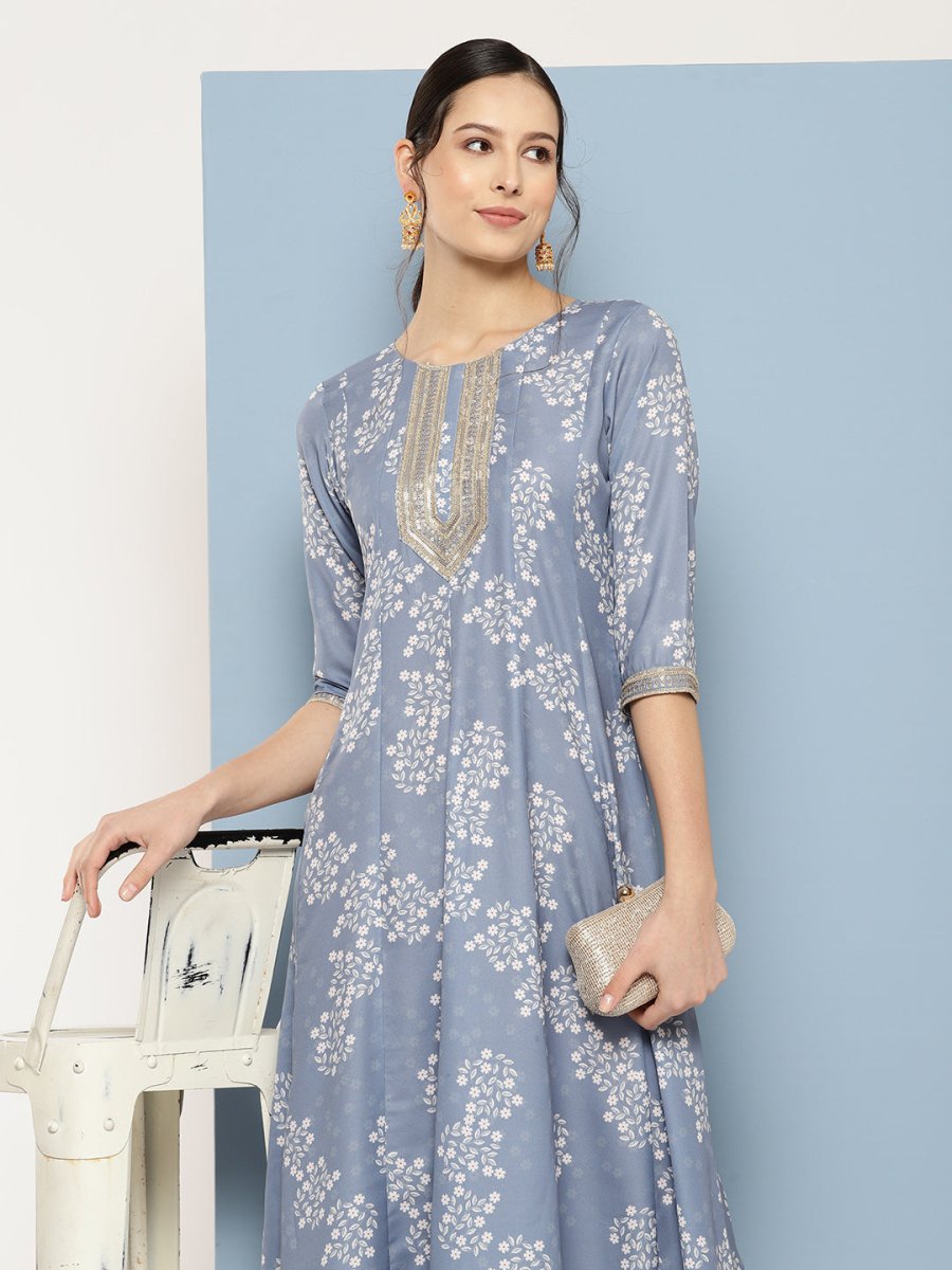 Ahalyaa Floral Printed Midi A-Line Ethnic Dress | Swadesiicart