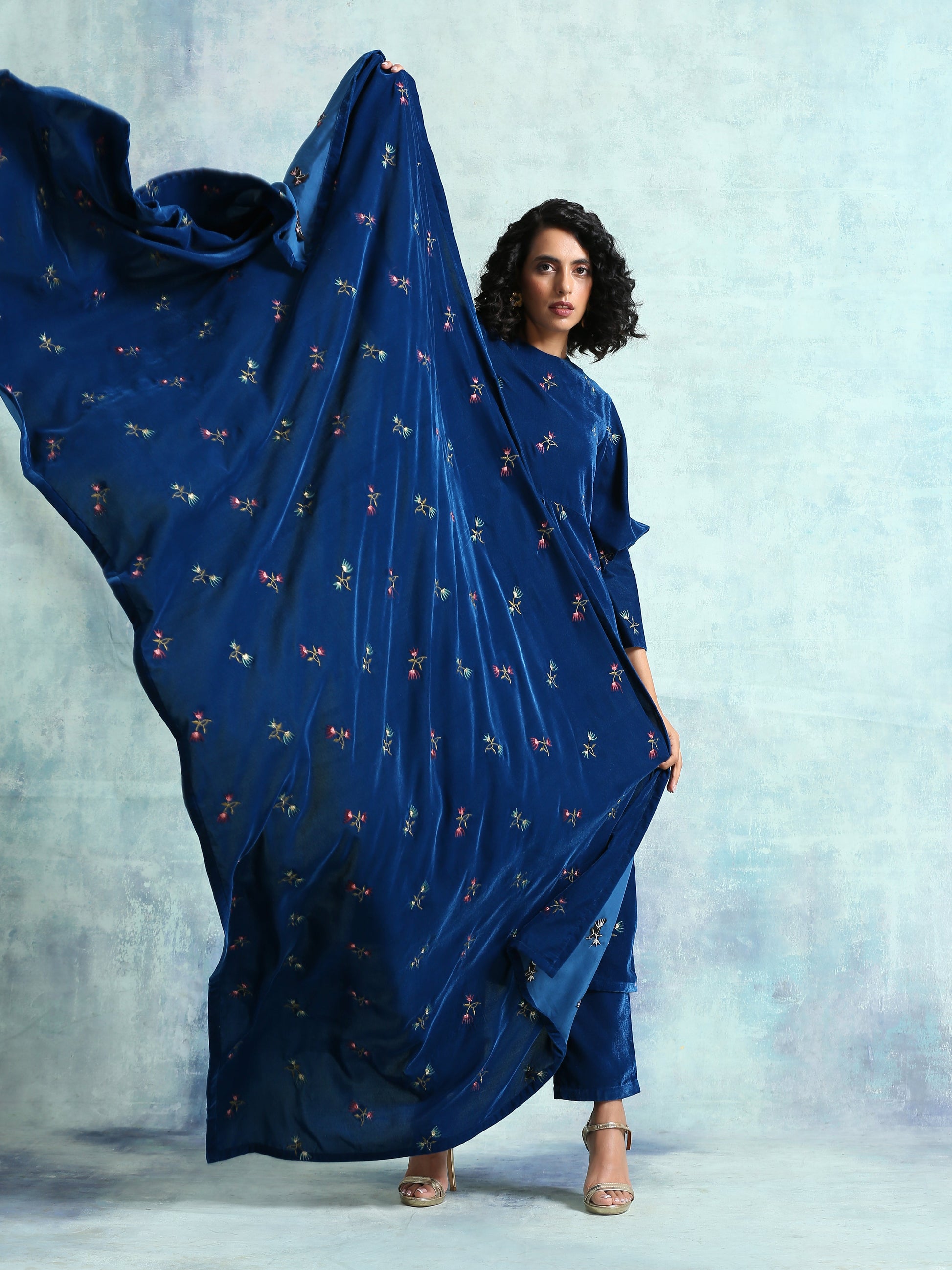 trueBrowns Blue Embroidered Velvet Shawl | Swadesiicart