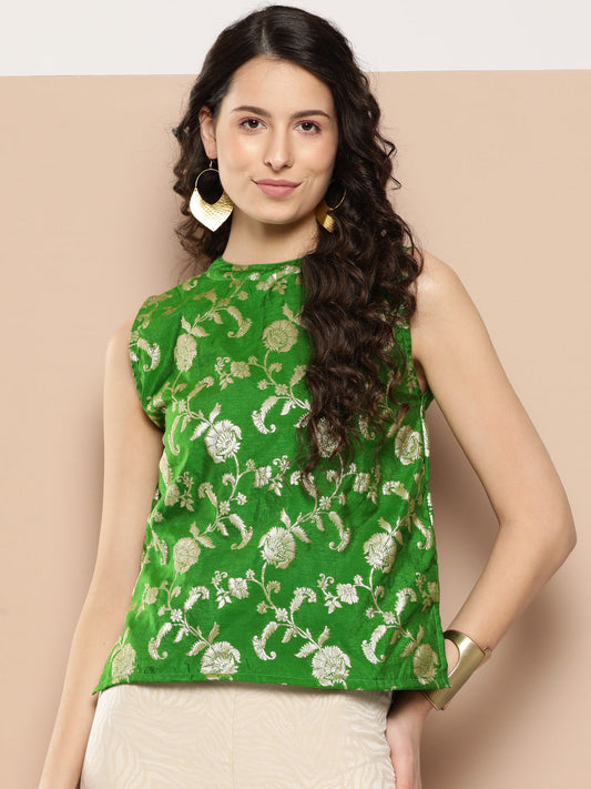 InWeave Women's Green Brocade Halter Top - Swadesiicart