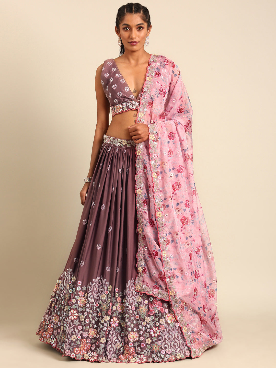House of Panchhi Rose Gold Chinon Sequins Embroidery Lehenga Choli & Dupatta | Swadesiicart