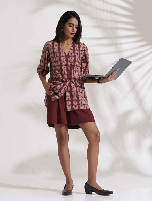trueBrowns Brown Cotton Print Jacket Top & Short Co-ord Set - Swadesiicart