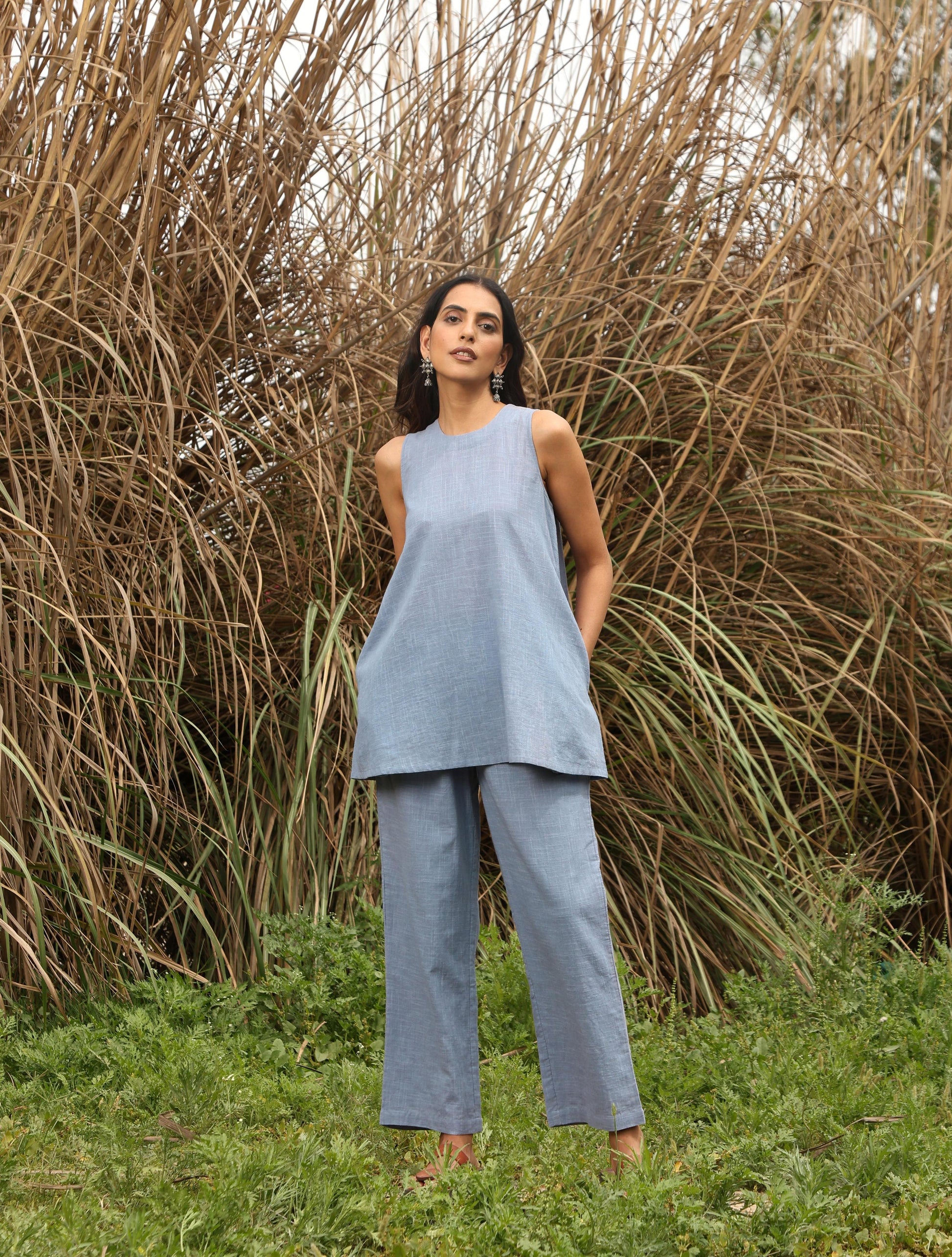 trueBrowns Blue Cotton Sleeveless Co-ord Set - Swadesiicart