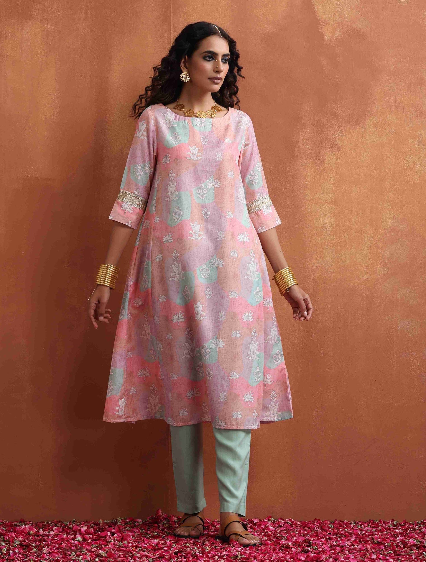 trueBrowns Beige Palm Print A-line Kurta Set | Swadesiicart
