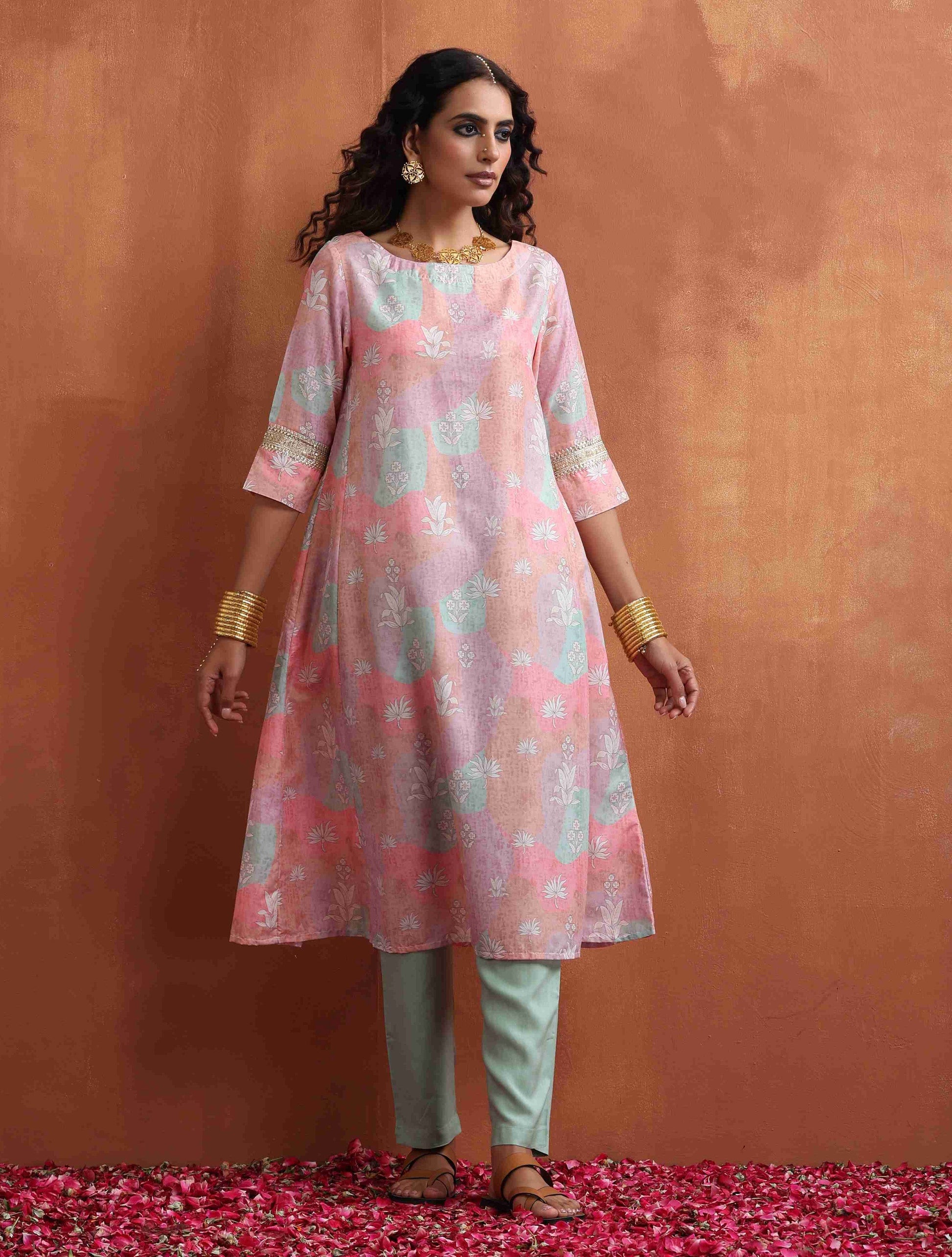 trueBrowns Beige Palm Print A-line Kurta Set | Swadesiicart