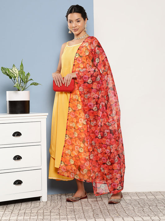 InWeave Women's Cassatta Yellow Cr Strappy Set With Rose Print Dupatta - Swadesiicart