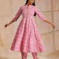 trueBrowns Pink Overall Floral Block Print Cotton Flared Kurta Pant Set | Swadesiicart