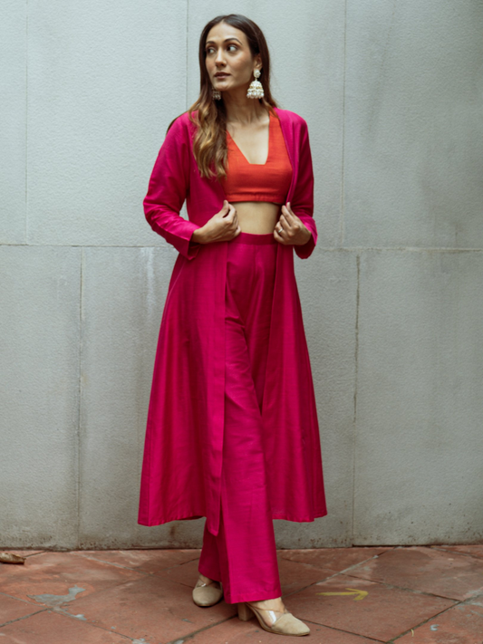 trueBrowns Pink Dupion Silk Overlay Jacket Blouse Pant Set | Swadesiicart