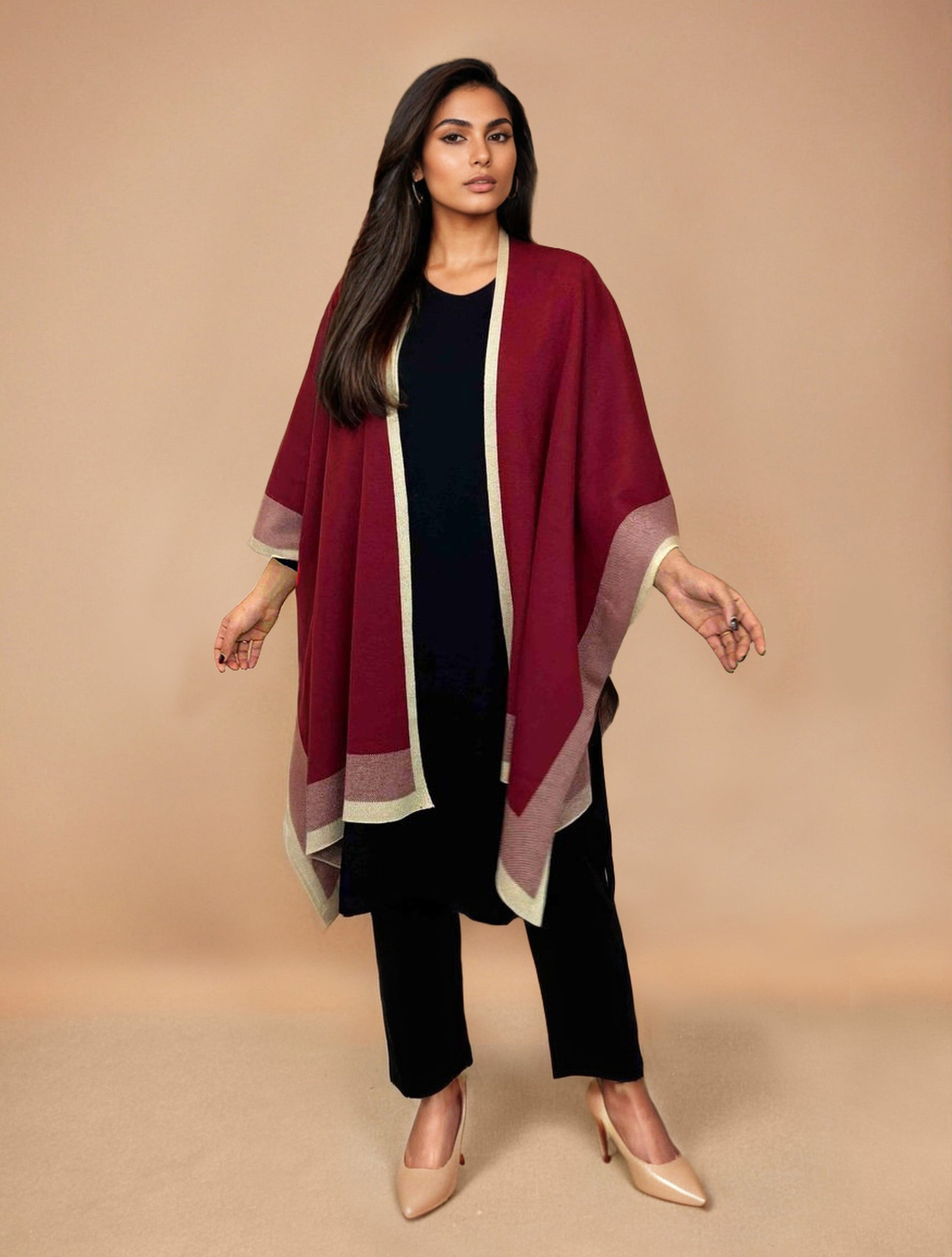 trueBrowns Maroon Woollen Kaftan Cape | Swadesiicart