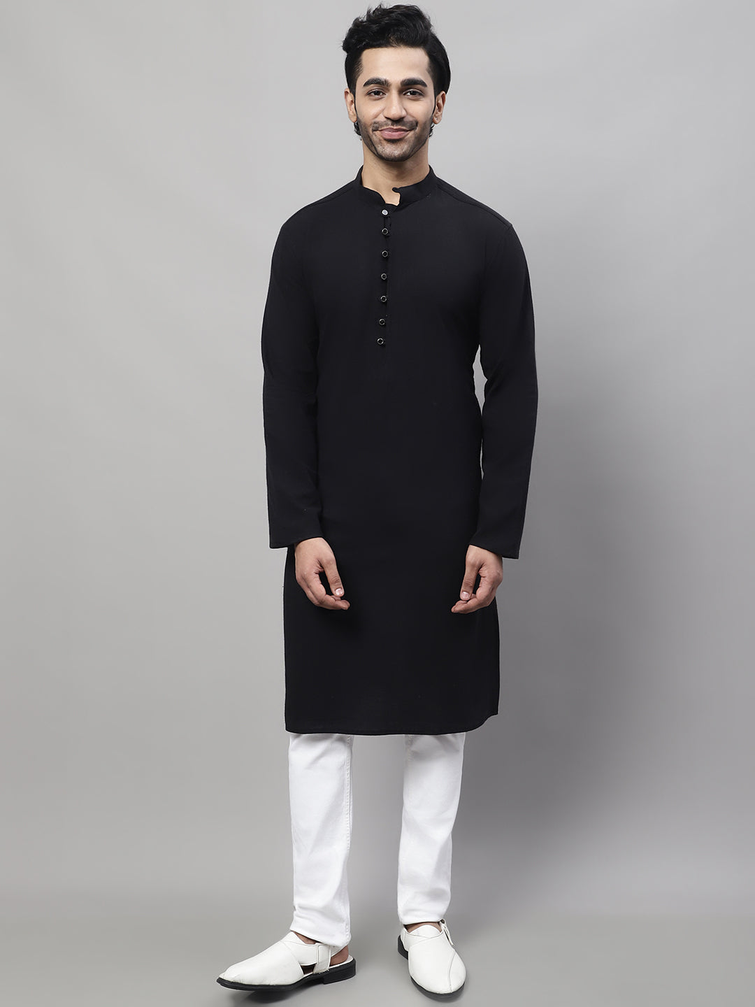 Even Apparels Black Pure Cotton Kurta With Band Collar | Swadesiicart