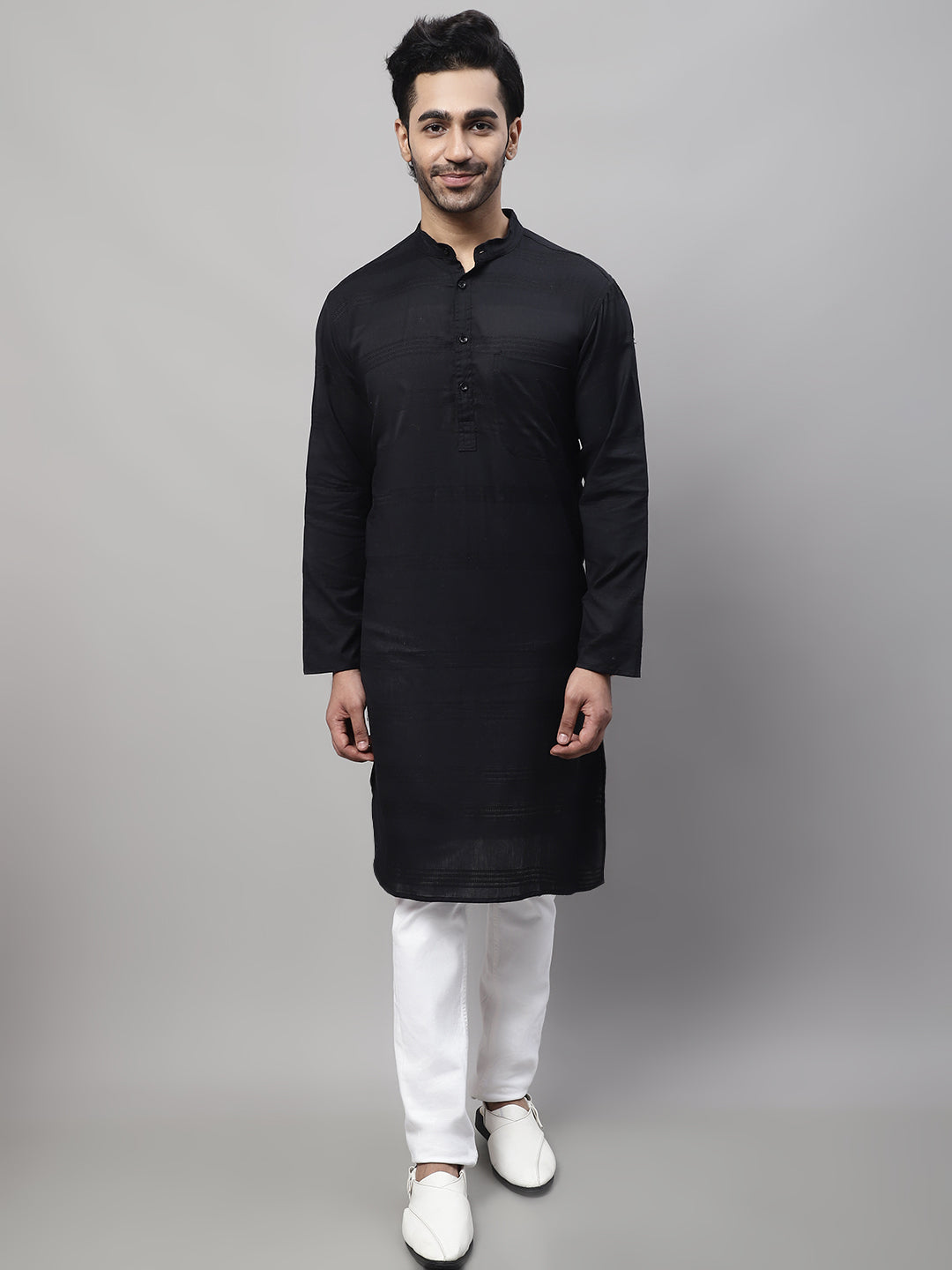 Even Apparels Black Pure Cotton Kurta With Band Collar | Swadesiicart