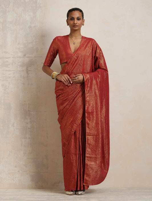 trueBrowns Maroon Gold Metallic Ready To Wear Plus Size Saree | Swadesiicart