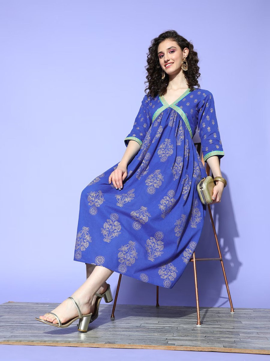 Ahalyaa Blue Floral Print Midi Empire Ethnic Dress | Swadesiicart