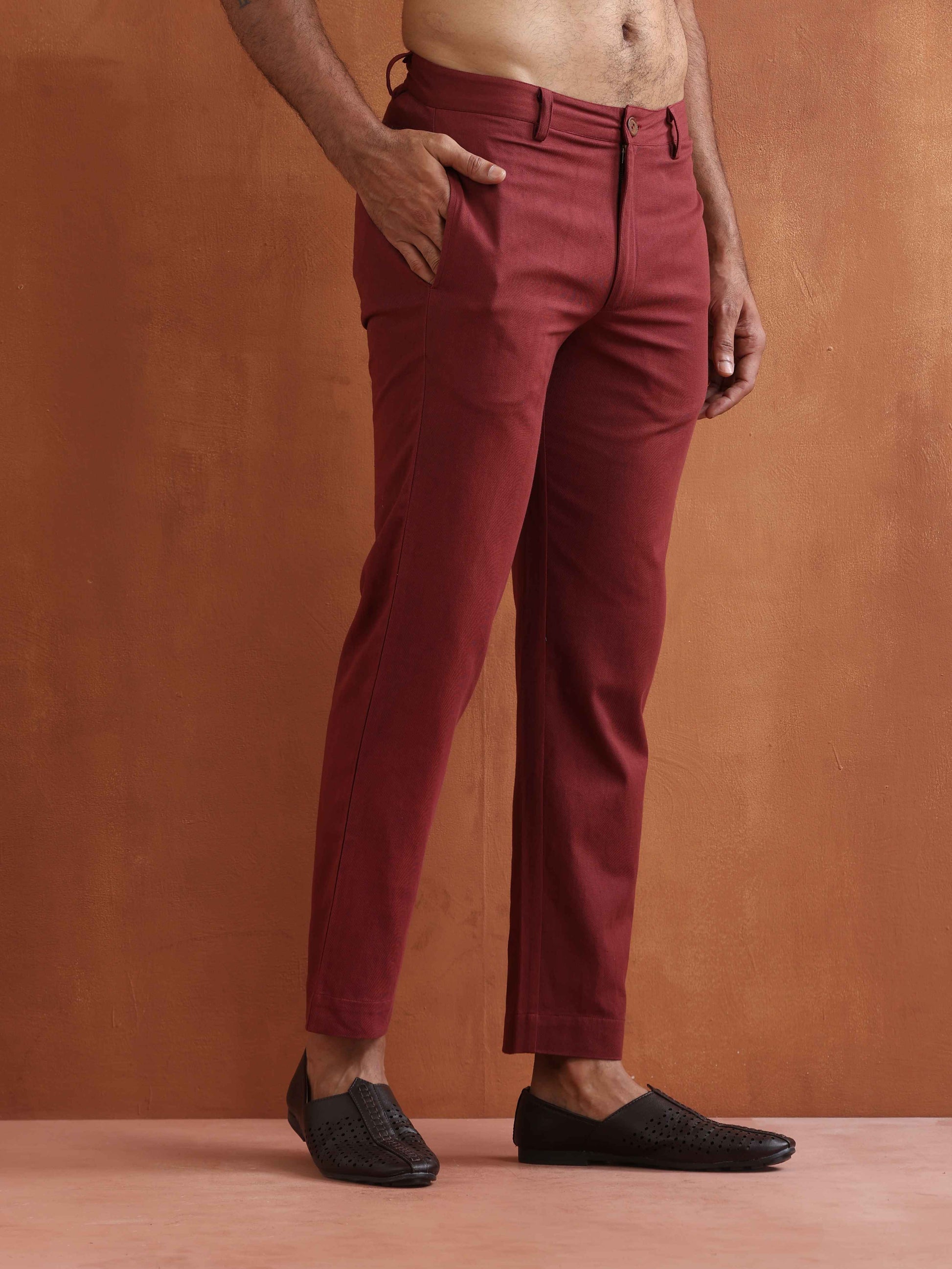 trueBrowns Men's Rust Cotton Twill Pants | Swadesiicart