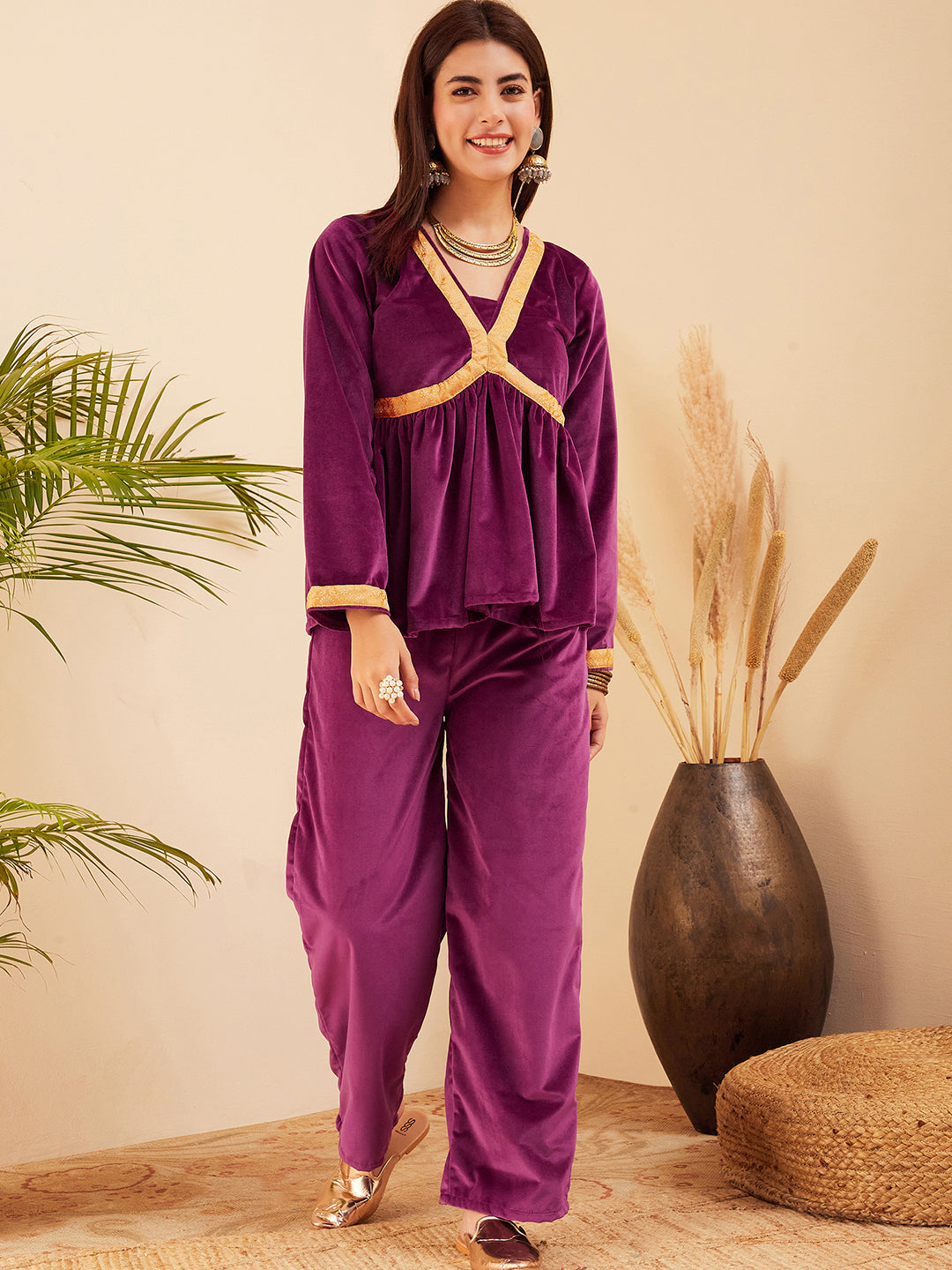 InWeave Women's Wine Mughal Shaan Style Velvet Short Kurta Set - Swadesiicart