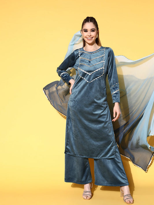 Ahalyaa Women Gotta Patti Velvet Kurta with Palazzos & With Dupatta | Swadesiicart