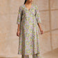 trueBrowns Grey Overall Floral Block Print Cotton Angrakha Kurta Pant Set | Swadesiicart