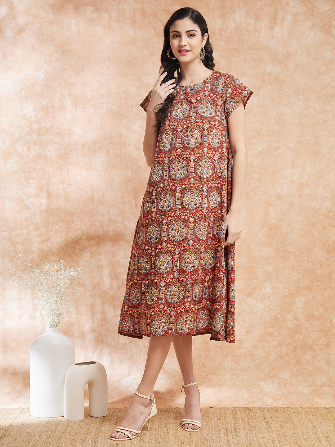 InWeave Women's Maroon Mughal Kalamkari A Line Dress - Swadesiicart