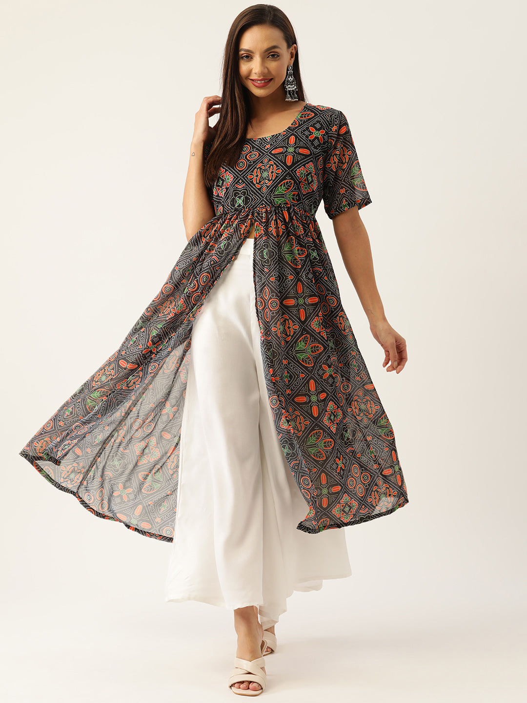 InWeave Women's Black Bandhani Georgette Front Slit Kurta Set - Swadesiicart