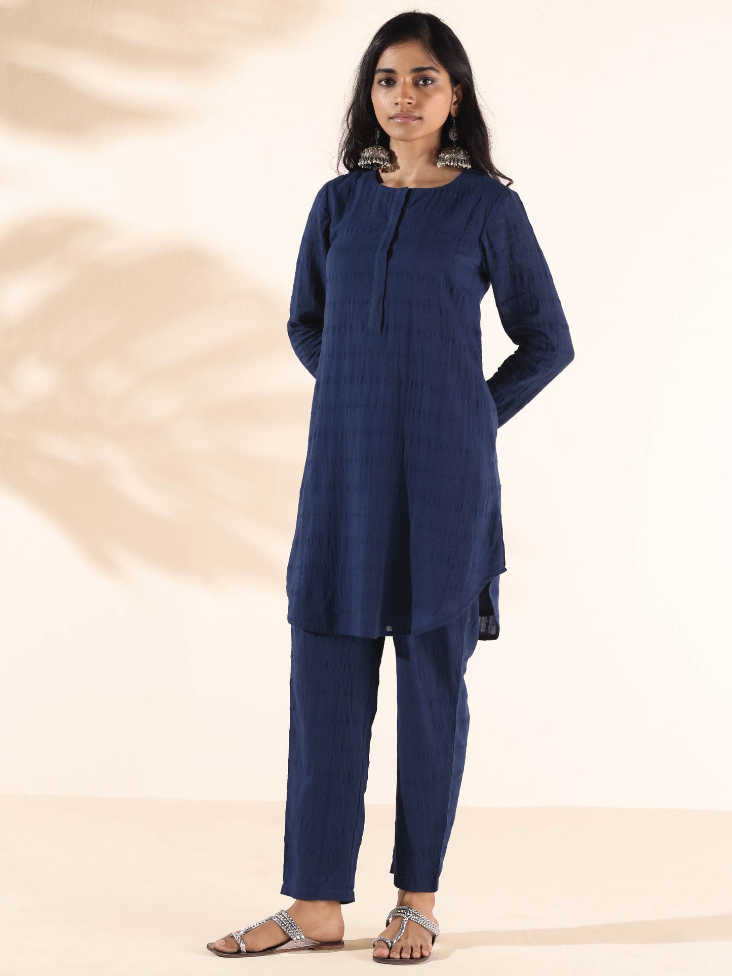 trueBrowns Blue Cotton Dobby Relaxed Co-ord Set - Swadesiicart