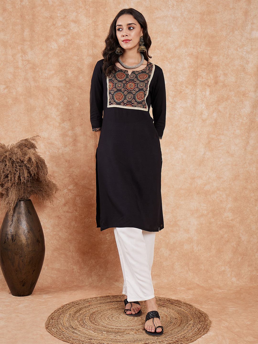 InWeave Women's Black Printed Neck Patch Work Straight Kurta - Swadesiicart