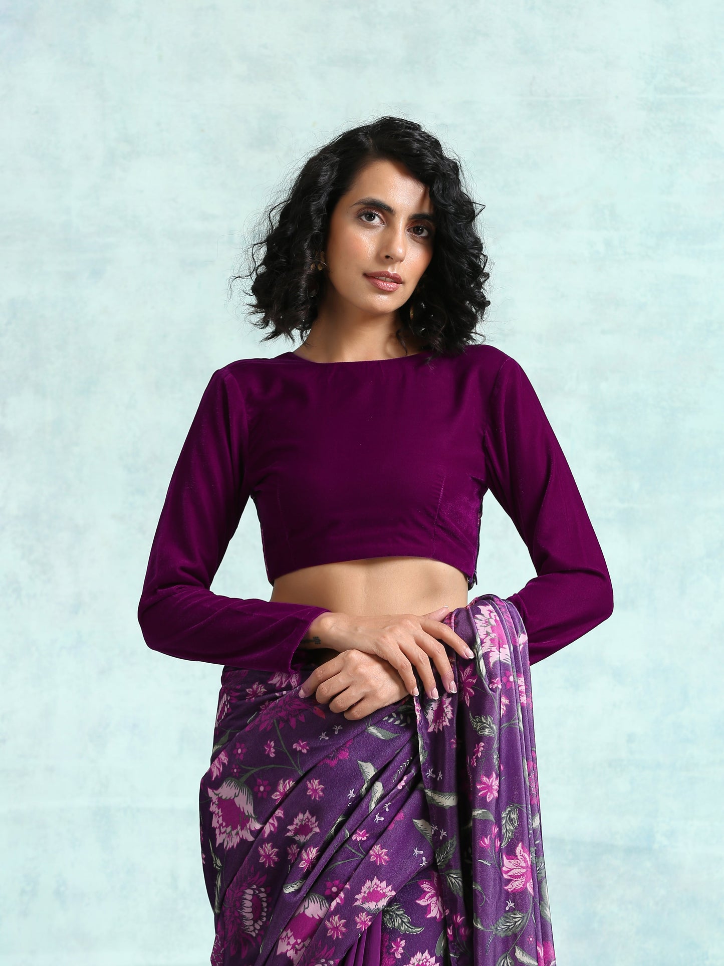 trueBrowns Wine Velvet With Print Detail Blouse | Swadesiicart