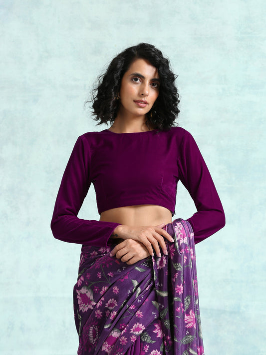 trueBrowns Wine Velvet With Print Detail Blouse | Swadesiicart