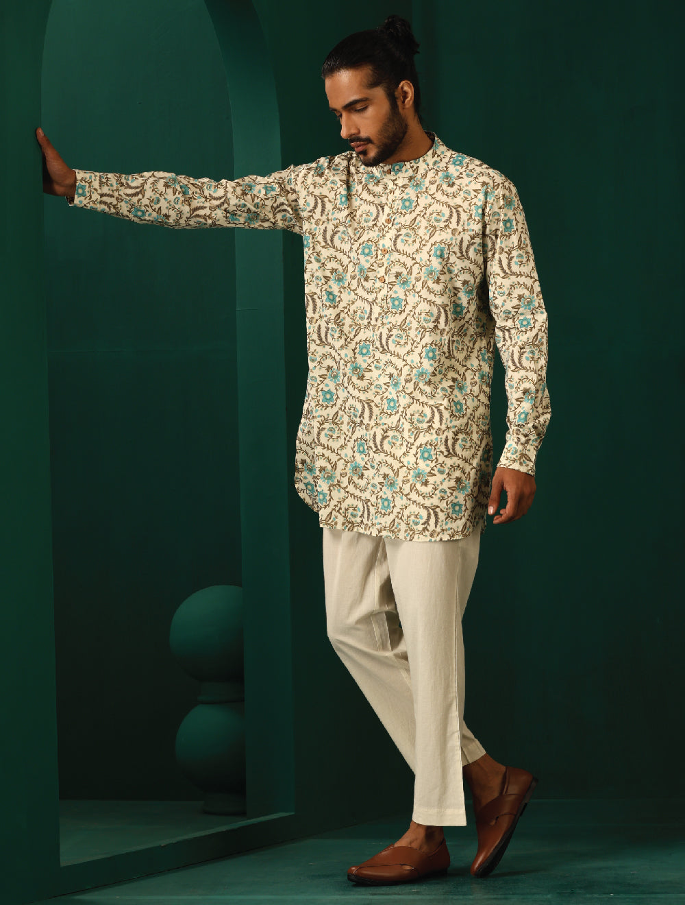 trueBrowns Men's Teal Floral Cotton Printed Co-ord Set - Swadesiicart