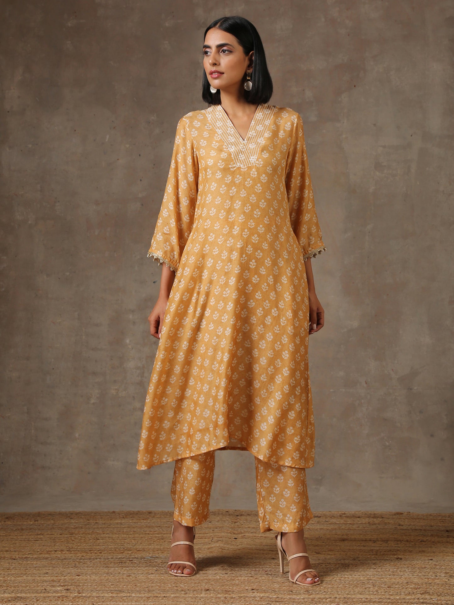 trueBrowns Beige White Flared Printed Silk Kurta Pant Set | Swadesiicart